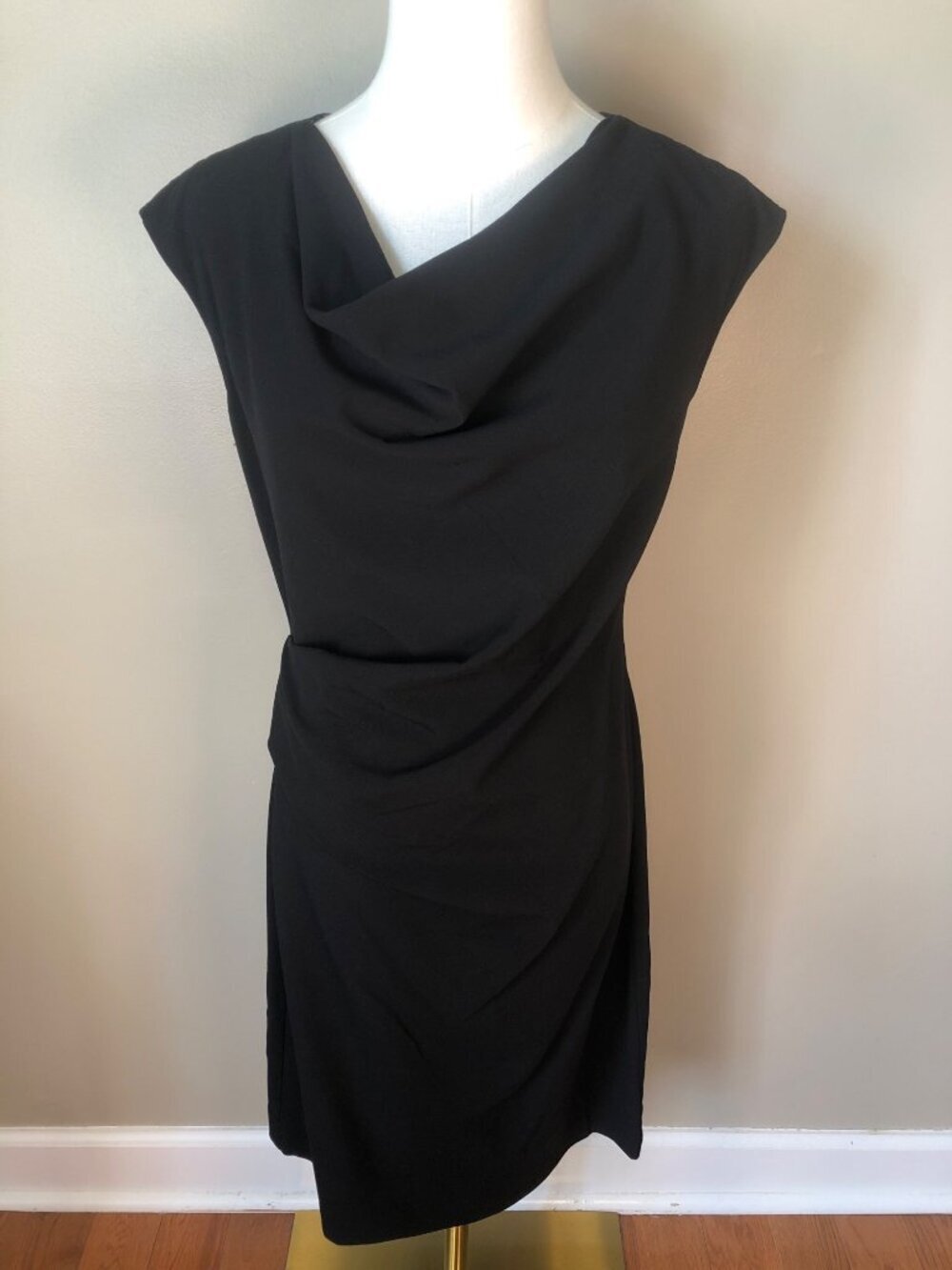 Ronni Nicole Sleeveless Cowl Neck Side Pleated Black Sheath Dress Size 10